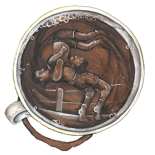 An illustration of a coffee cup with two wrestlers in the center