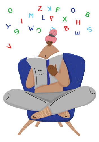 An illustration of a girl reading a book with different letters floating above her head