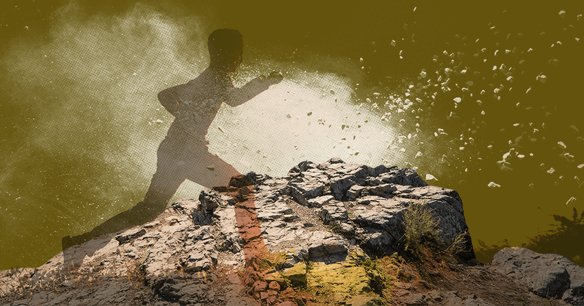 A composite illustration of an exploding rock and a boy running