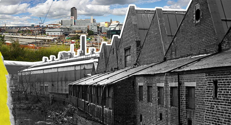 A photograph of Sheffield City Centre skyline compared to a closed-down factory in Sheffield in the early 1980s.