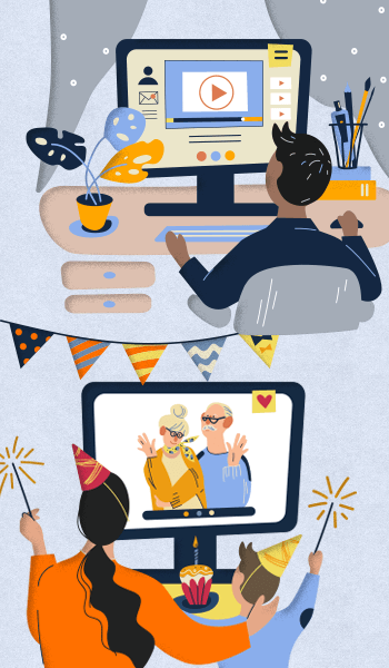 Illustration: A family celebrates a birthday via video chat