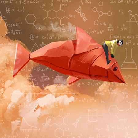 Illustration: A old-timey pilot atop a fish-shaped paper airplanes breaks through the clouds. In the background, mathematical equasions.