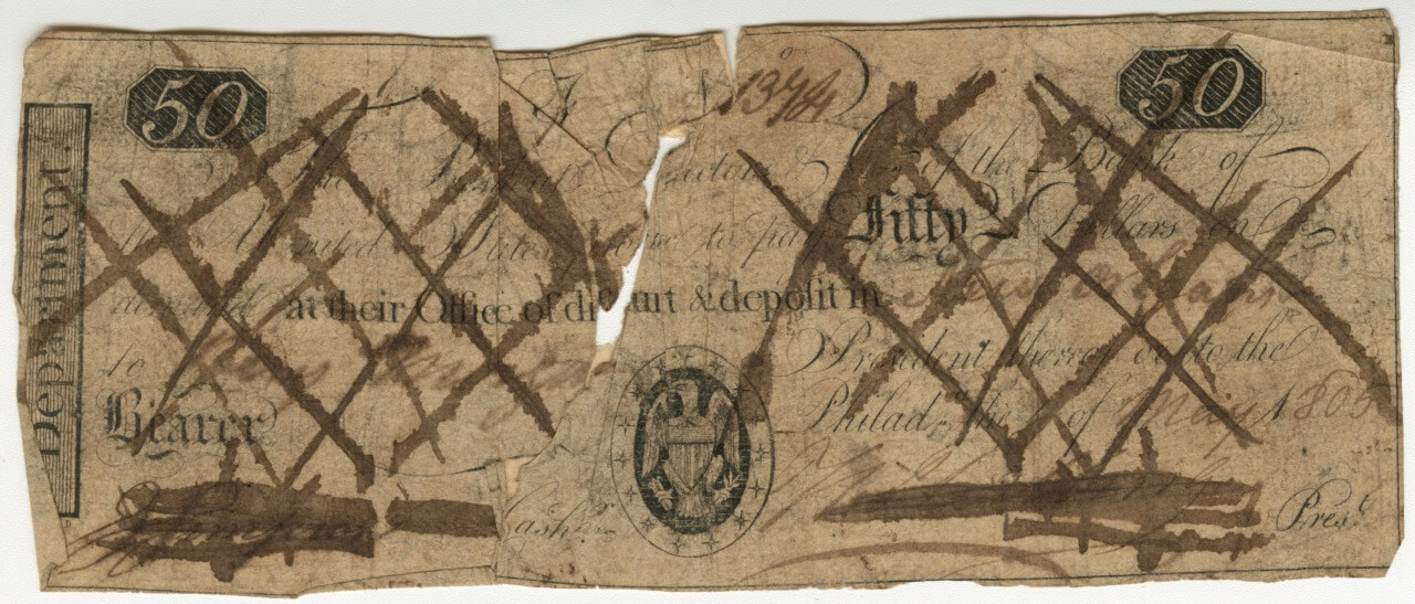 A counterfeit fifty-dollar note from the first Bank of the United States.