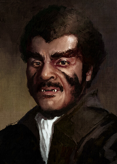 An illustrated headshot of Blacula, the fictional vampire from the famous Blaxploitation film of the same name. His mouth sits agape, and his face features a prominent widow's peak, eyebrows, and sideburns