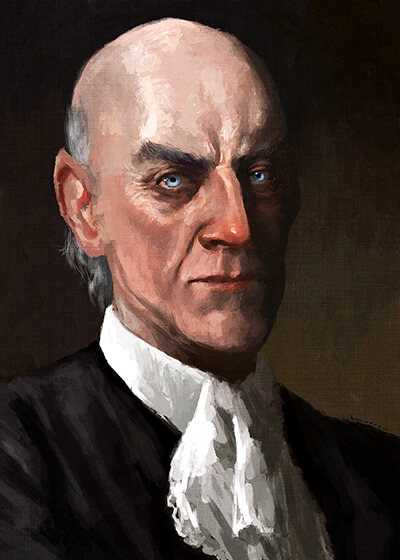 An illustrated headshot of Dracula. He's bald, with piercing blue eyes.