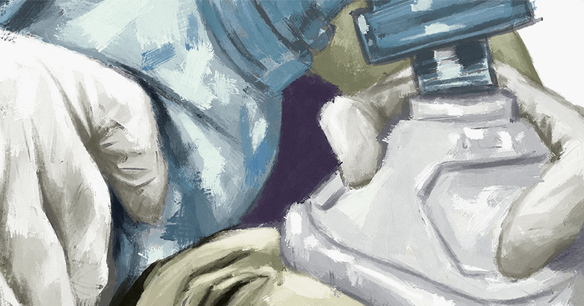 An illustration of a healthcare professional applying a handheld ventilator on a patient