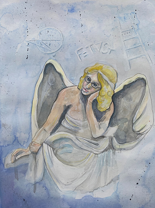 An illustration of an angel in the sky with msathematical equations floating in the clouds