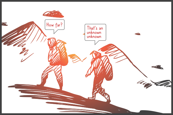 Two people climbing a mountain, each with a dialog bubble overhead. The cliber in front asks 'How far,' the second climber replies, 'that's an unknown unkown.