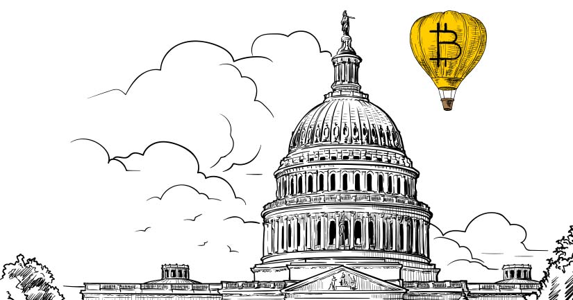 A gold hot air balloon emblazoned with the Bitcoin symobol flies above the U.S. Captiol.
