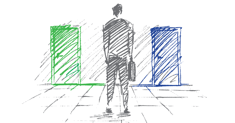 Illustration: A person holding a breifcase has before them two doors: one green, one blue