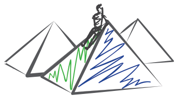 Line drawing: A person sliding down a pyramid