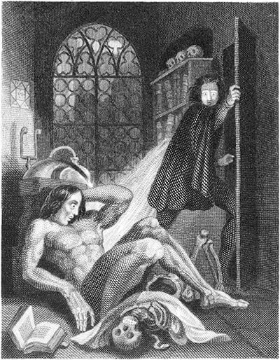 Illustration from the frontispiece of the 1831 edition of Frankenstein