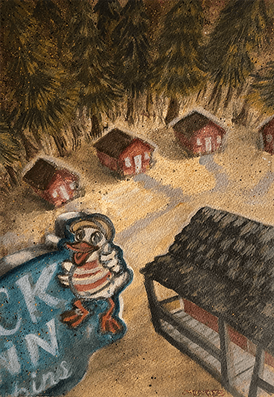 Illustration of the Kabb Inn cabins sign, which features a duck wearing a striped shirt, superimposed over several small cabins in the woods.