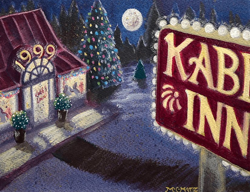 Illustration: In the foreground is a sign that reads Kabb Inn. Behind the sign sits the inn itself with 1999 lit up over the door. In the background there are decorated trees and a full moon.
