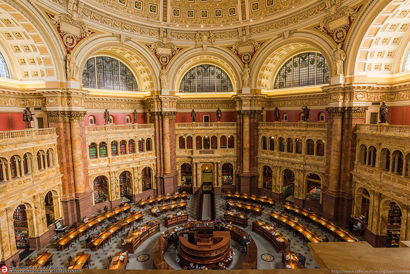 An interior shot of the Library of Congress, offering views of entrance and grand rotunda.