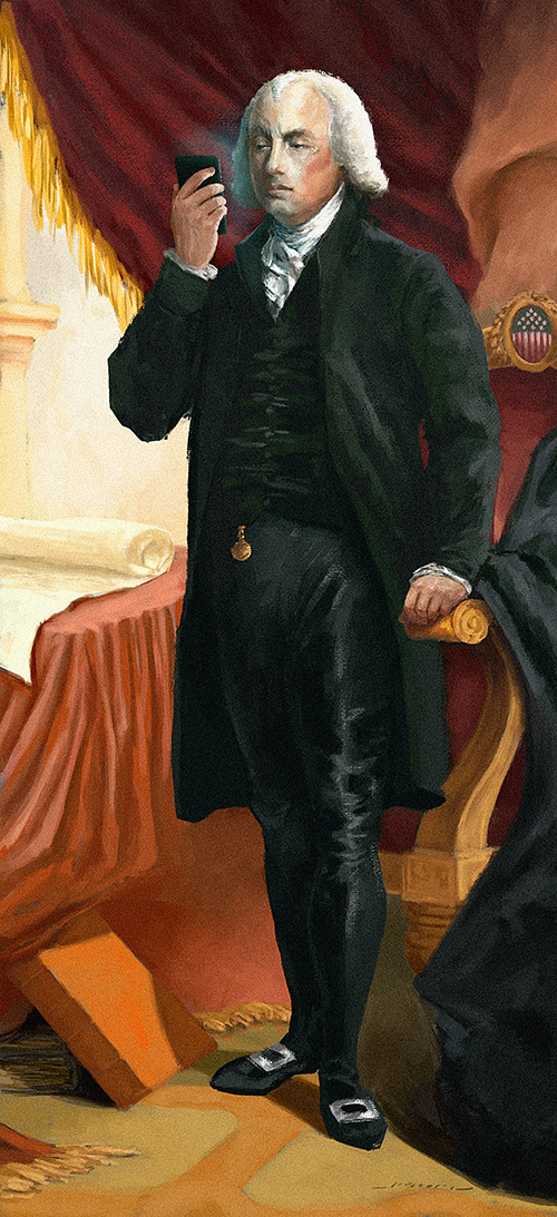 An illustration of James Madison holding a cellphone