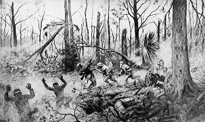 World War I: The fight of the U.S. Marines in Belleau Wood. From the painting by the French artist Georges Scott.