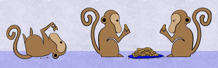 An illustration of three monkeys eating cookies