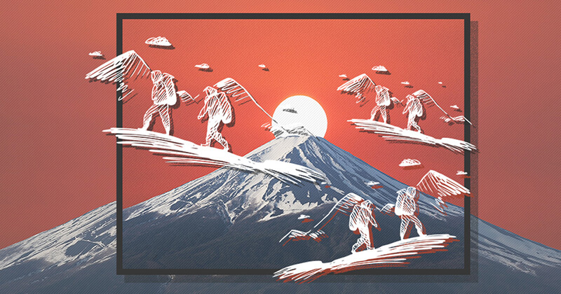 Illustration of climbers scaling a mountain.
