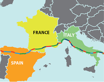 Map of western Europe highlighting the Camino de Santiago