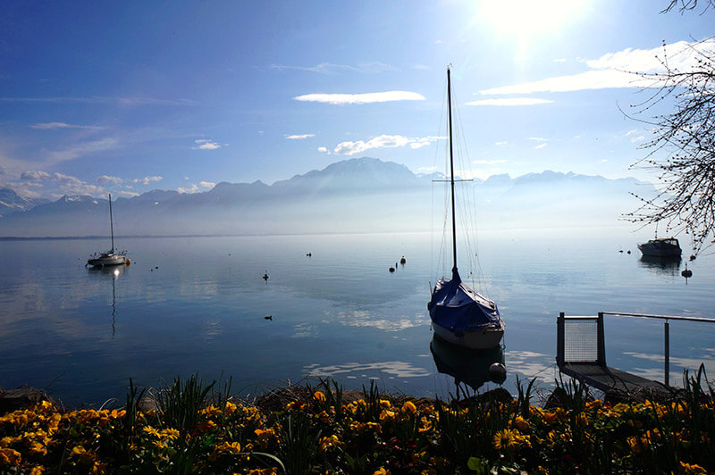 Sailboats wade through the glass-calm waters of Lac Leman