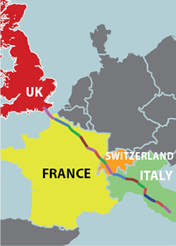 Map of western Europe highlighting the Via Francigena