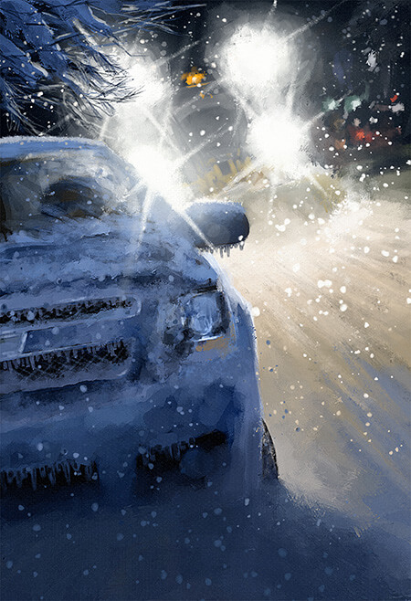 An illustration of a car with a snowplow following close behind it