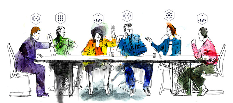 Illustration: Several people sit at a conference table, each with the corresponding culture types over their heads