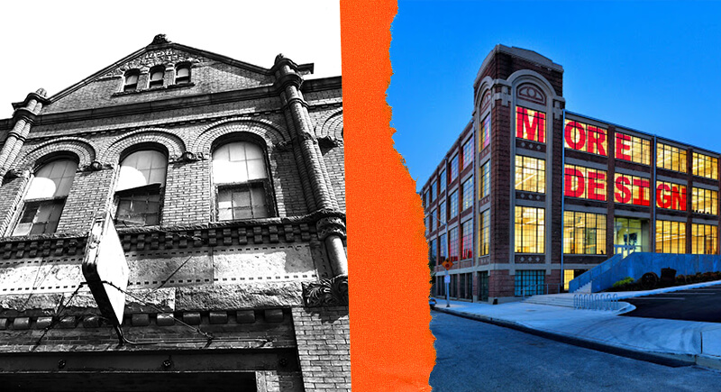 A photograph of the old Crown Cork and Seal Company Building compared with a building that reads 'More Design' in the Station North Arts District.