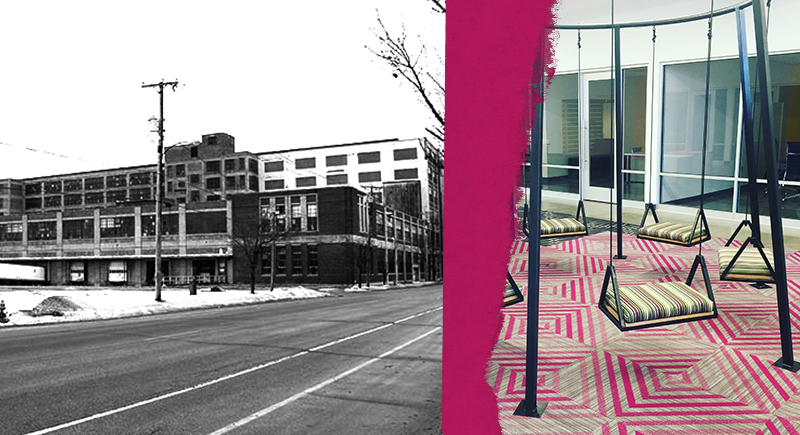 A photograph of the old Studebaker automotive plant compared with indoor swings in Ignition Park's modern office spaces.