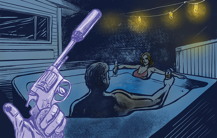 An illustration of a man and a woman sitting in a hotub with a gun pointed at them