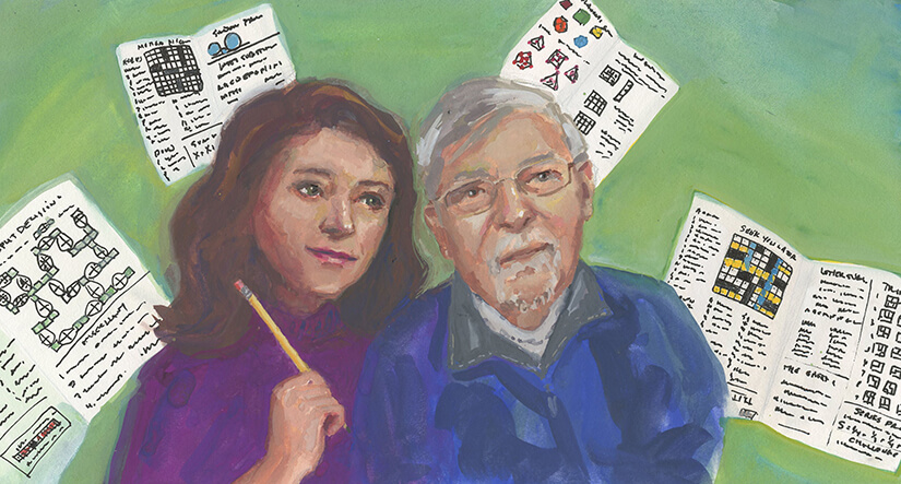 An illustration of Miller and her father-in-law, Dolph. She's wearing a purple sweater and holding a pencil; he's in a blue quarter-zip with grey hair and goatee. Floating around them are examples of the games section from past Mensa Bulletins.