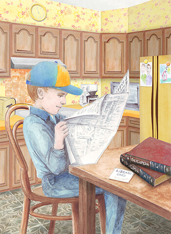 A drawing of Mike sitting at the kitchen table reading the newspaper and some encyclopedias.