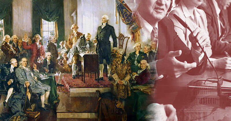 A painting of the Constitutional Convention combined with a photo of politicians at a meeting.