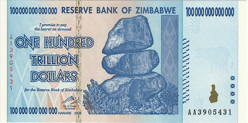 A $100 trillion dollar note issued in Zimbabwe.