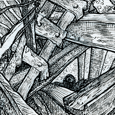 An illustration of someone falling down a collapsing collection of steel beams
