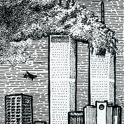 An illustration of the World Trade Center on 9/11