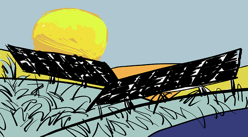 An illustration of solar panels on a grassy hill with the sun shining in the background.