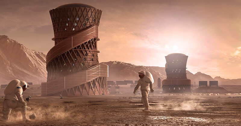 Illustration: A 3-D printed example habitat shelters suitable for the moon, Mars, or beyond.