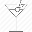 Small black and white image of a martini glass with olive