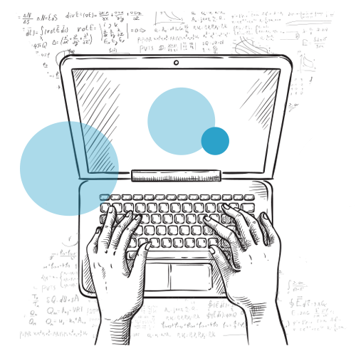 Ilustration of a laptop computer with abstract blue circles and math problems