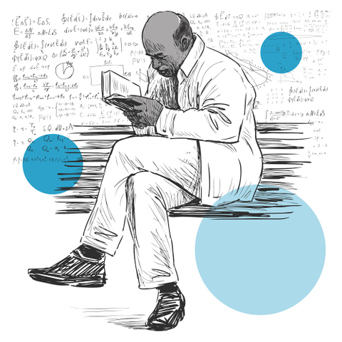 Sitting man reading a book with blue accents and math problems behind him