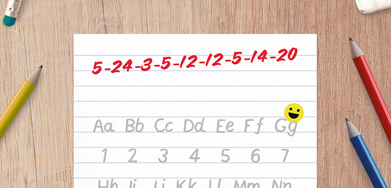 Graphic illustrating the concept of number-letter cipher conversion. The numbers read: 5-24-3-5-12-12-5-14-20
