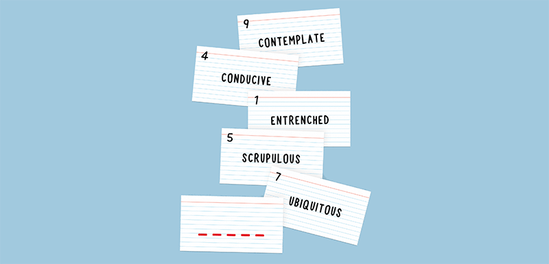 Graphic illustrating the concept of an indexing cipher conversion. The words on the cards read: 9 - CONTEMPLATE, 4 - CONDUCIVE, 1 - ENTRENCHED, 5 - SCRUPULOUS, 7 - UBIQUITOUS, _ _ _ _ _