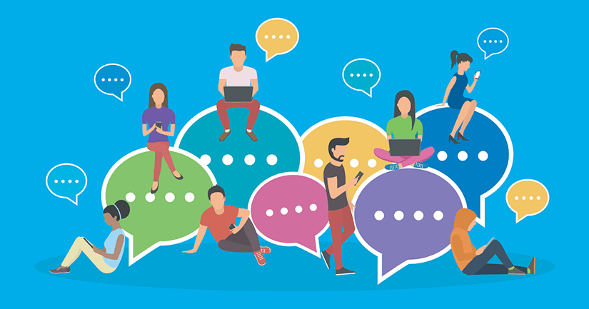Composite illustration of eight people chatting in different electronic forms superimposed over a bunch of speech bubbles