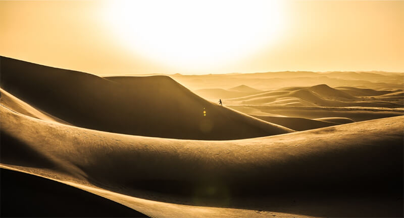 The sun sets over a windswept desert. In the image's focus, someone climbs a sand dune.