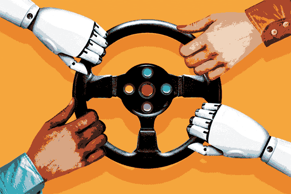 robotic and human hands grasping a steering wheel