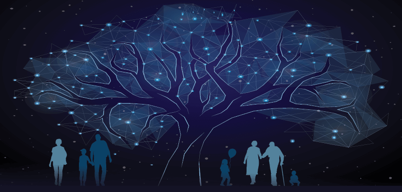 A composite illustration of tree, a starry night sky, and silhouettes of people young and old