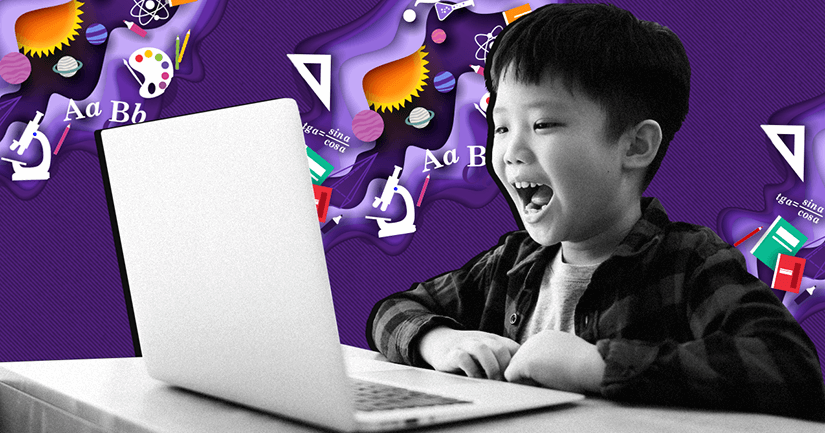 Composite: A excited young boy sits in front of his laptop. A textured background includes planetary, mathematical, and language arts icons.