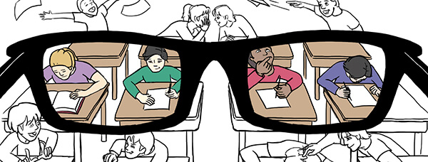 Illustration of glasses over a classroom of children, only the kids in focus are in color.